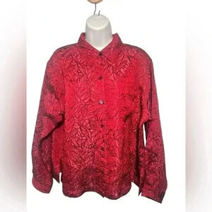 Chico’s Design Red Button Front Blouse Floral Embroider Quilted Iridescent . L